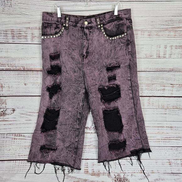 Current Mood Jeans Women 2XL Purple Black Distress Studded Crop Grunge Goth Pant - Picture 1 of 10